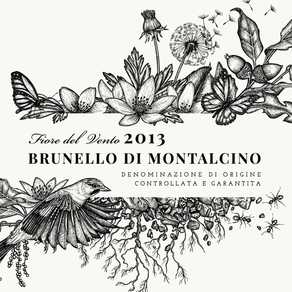 Bird label with the title 'Illustration for Brunello di Montalcino 2013 - Fiore del Vento Label of "Corte Pavone" Wine Estate in Montalcino, Toscana.'