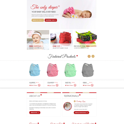 Product design website with the title 'Homepage Design for Ecommerce Business - Cloth Diapers Seller'
