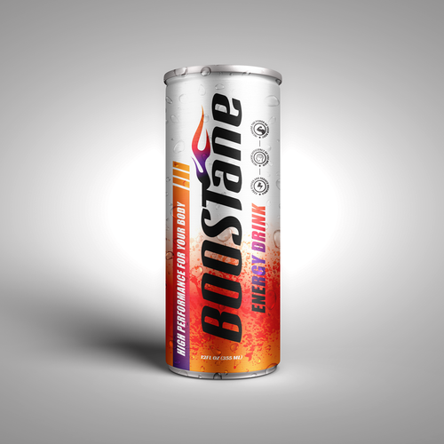 Energy drink packaging with the title 'BOOSTane Energy Drink'