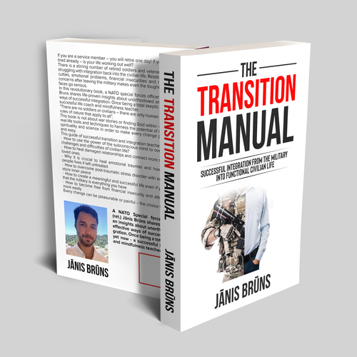 Military book cover with the title 'The Transition Manual - Winning Book Cover Contest - Proffesional, Clean, Eye Catching Book Cover'