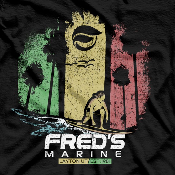 Surfboard design with the title 'Fred`s Marine '