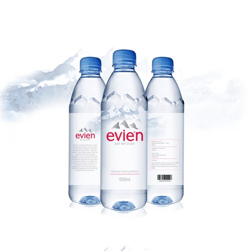 Beverage packaging with the title '(Evian) Evie'n Label bottle design '