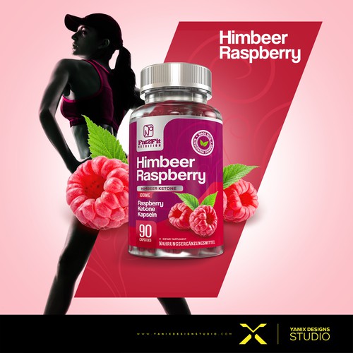 Supplement label with the title 'Himbeer Raspberry'