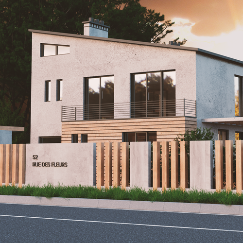 Exterior design with the title '3D render of a house exterior'