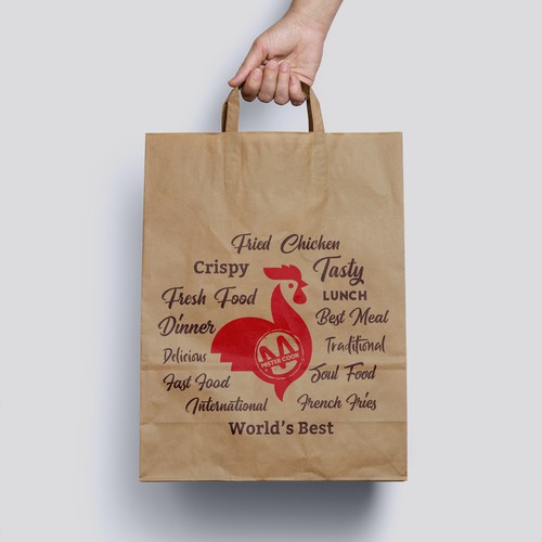 Rooster design with the title 'Fried Chicken - Fast Food Bag Label Design'