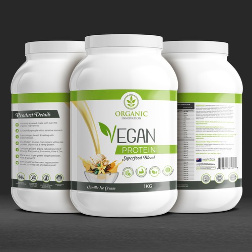 Vegan food packaging with the title ' The best VEGAN PROTEIN LABEL wins, long term work available'
