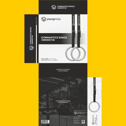 Ring design with the title 'youngninja GYMNASTIC RINGS box design'
