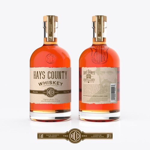 Whiskey packaging with the title 'Hays County Whiskey Bottle/label design'