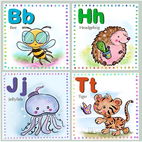 Children's book artwork with the title 'Custom Alphabet Learning Mat: Character Illustrations'