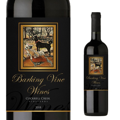 Red wine label with the title 'Barking Vines Wine Labels'