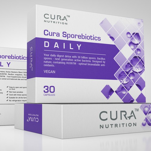 Nutrition packaging with the title 'Cura sporebiotics'