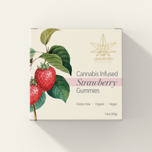 Strawberry packaging with the title 'Cannabis Infused Gummies'