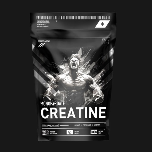 Fitness packaging with the title 'Creatine Supplement'