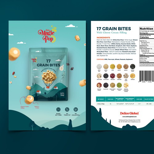 Print design with the title 'Sell Sheet for Grain Snack'