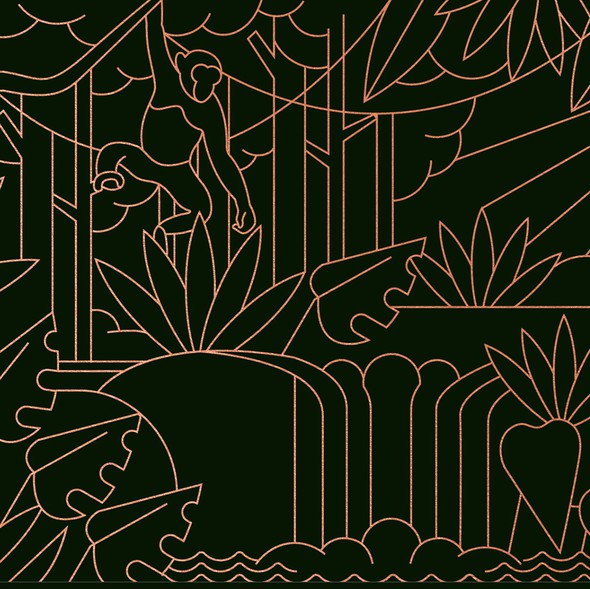 Line artwork with the title 'Jungle Scene Envelope Illustration'