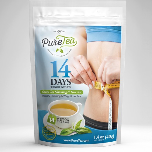 Tea packaging with the title 'PureTea 14 days weight loss tea'