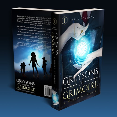 Manga design with the title 'Cover Illustration for Greysons of Grimoire. A world of Magic by TPaul Homdrom. '