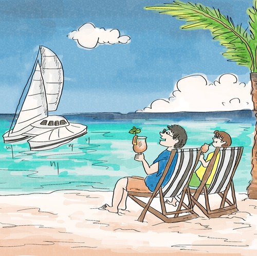 Beach artwork with the title 'Pen-and-ink illustration with watercolor.'