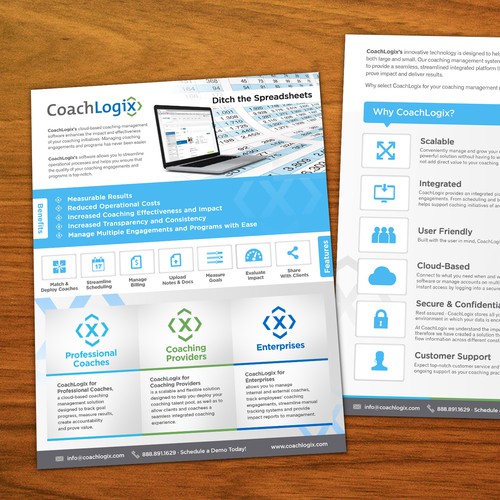 Handout design with the title 'CoachLogix needs a new brochure design'