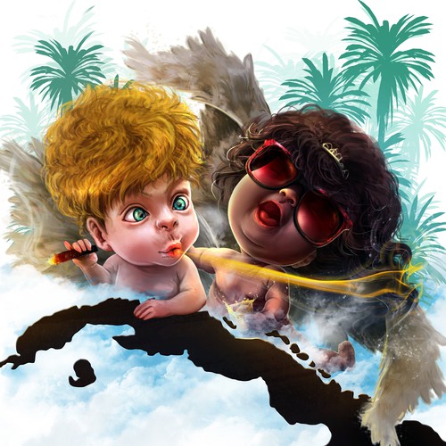 Angel design with the title 'vintage illustration of two angles for a funky Cuban brand!'