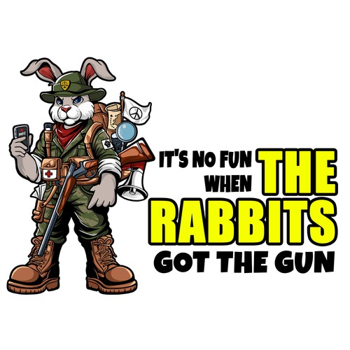Army logo with the title 'A mascot of a rabbit in hunting gear or military gear.'