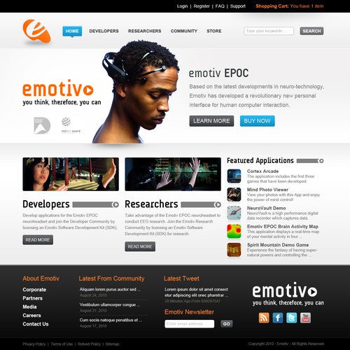 Product website with the title 'International Award Winning Brain Computer Interface technology'