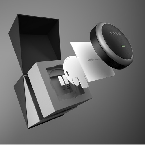 Simple packaging with the title 'Packaging Design for Knocki Smart Home Device'