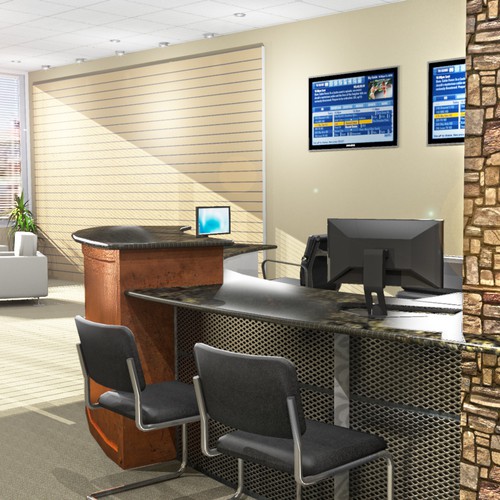 Metal design with the title 'Need a creative 3D rendering of office layout. '