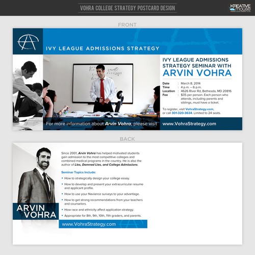 Student design with the title 'Direct Mail Postcard for College Strategy/Educational Firm'