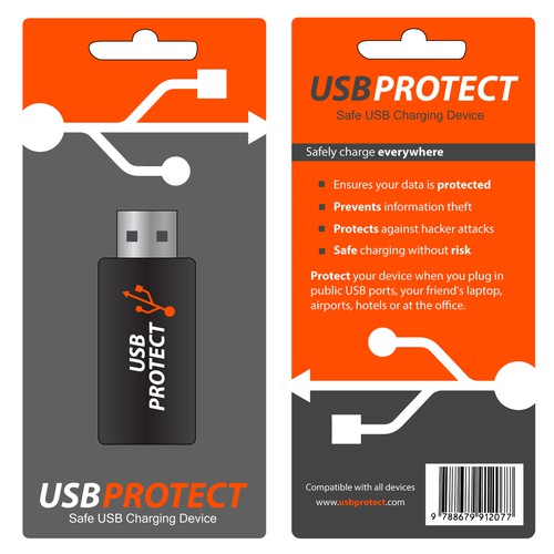 Orange packaging with the title 'Packaging for safe USB charging stick'
