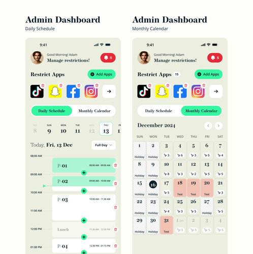 Schedule design with the title 'Students Apps Control and School Schedule'