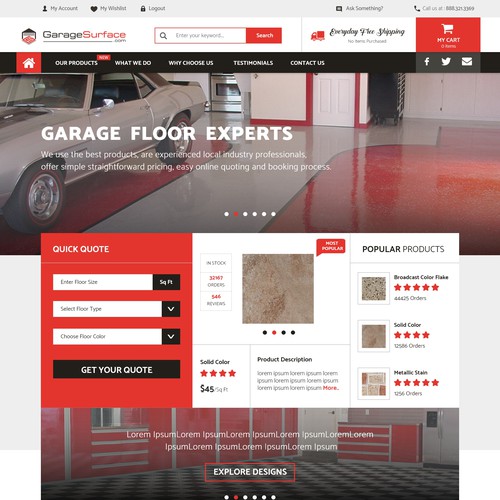 Red website with the title 'Garage Floor Expert Web design'