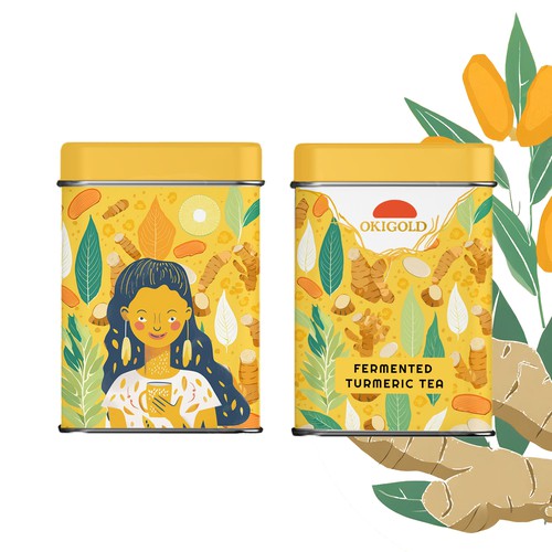 Botanical packaging with the title 'Vibrant and Wholesome: Okigold Fermented Turmeric Tea Packaging Design'