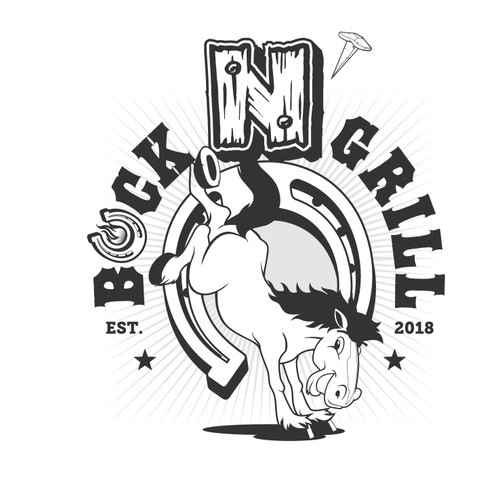 Horse head logo with the title 'Buck N Grill'