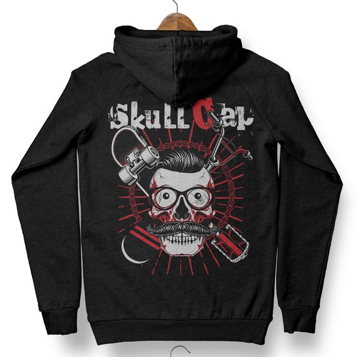Skateboard design with the title 'Skull Cap Sk8 Hoodie Design'