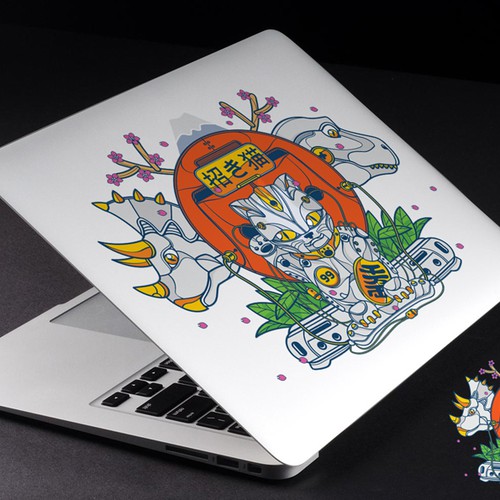 Dinosaur design with the title 'Epic DINOSAUR and CAT illustration needed for a one of a kind custom MacBook Air decal'