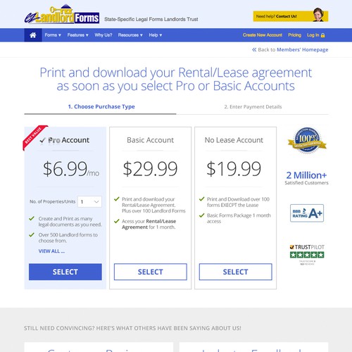 Pricing page design with the title 'ezLandlordForms'