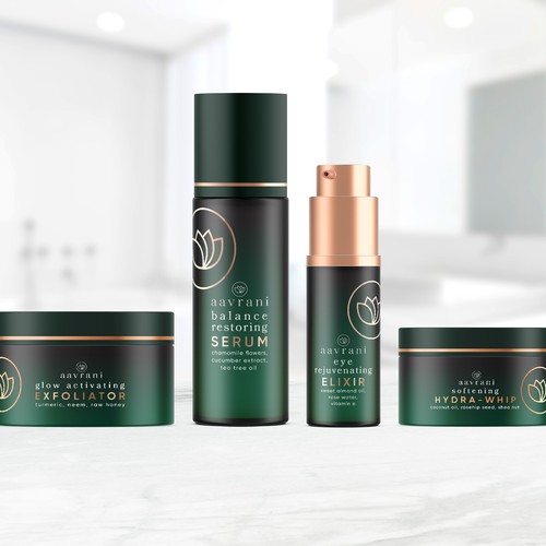 Green packaging with the title 'Aavrani Skincare Packaging Design'