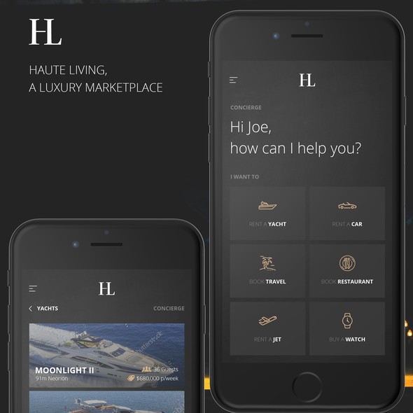 UX design with the title 'App design for a Luxury Marketplace'