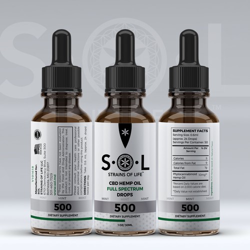 Black and white label with the title 'S.O.L CBD Hemp Oil Drops'