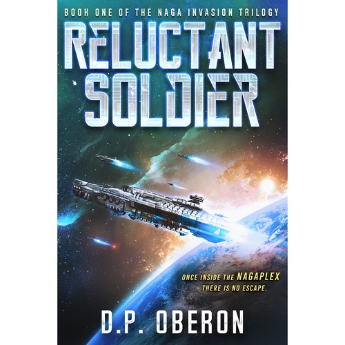 Spaceship design with the title 'contest : Exciting science-fiction novel for adults and kids'