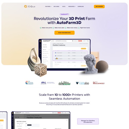New design with the title 'Dynamic landing page for revolutionary 3D print farm automation software'
