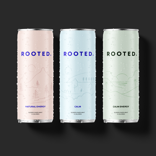 Energy drink packaging with the title 'Packaging Design for Rooted Energy Drink'