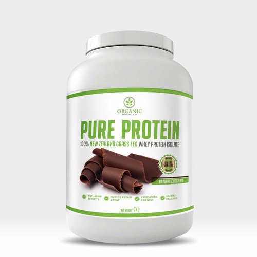 Protein packaging with the title 'Pure whey protein product packaging tub'