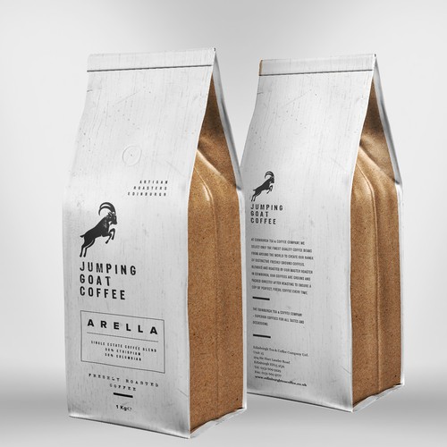 Cleaning packaging with the title 'Jumping Goat Artisan Coffee'