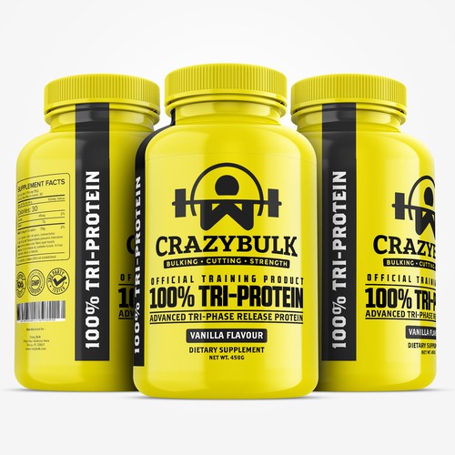Label packaging with the title 'Powerful and stand out Whey Protein powder packaging design'