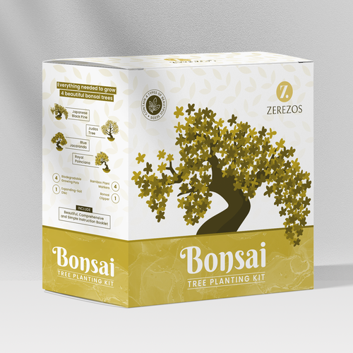 Bonsai design with the title 'Packaging Design for Zerezos - Bonsai Tree Planting Kit'
