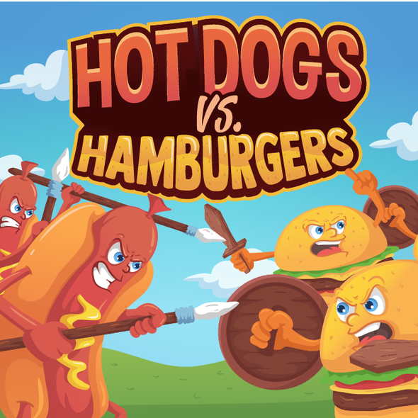 Board game artwork with the title 'Hot Dogs vs Hamburgers'