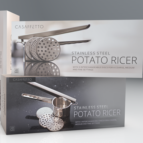 Pastel packaging with the title 'Winner design for Casaffetto Potato Ricer'