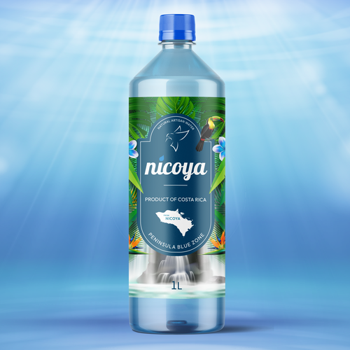 Water packaging with the title 'Nicoya Natural Water'